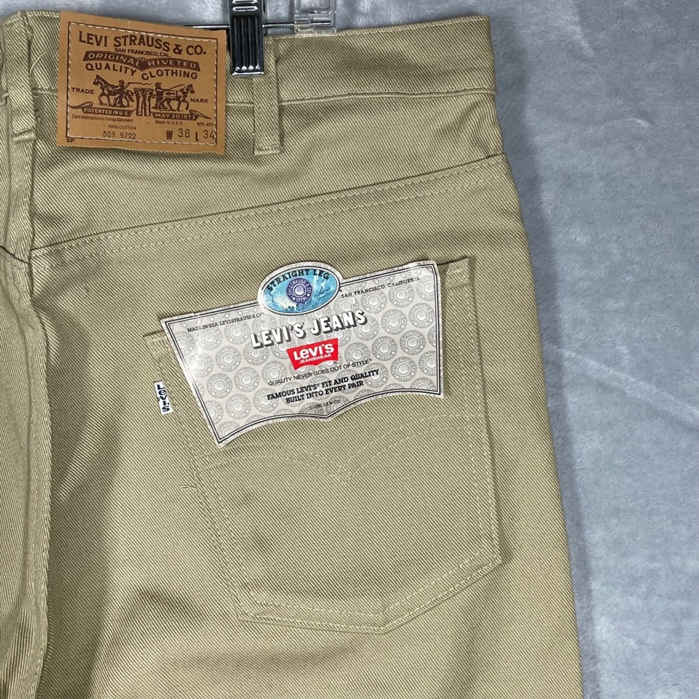 Vintage Levis 509 9722 Mens 38x34 Tan Khaki Straight Leg Jeans Made USA 80s NEW